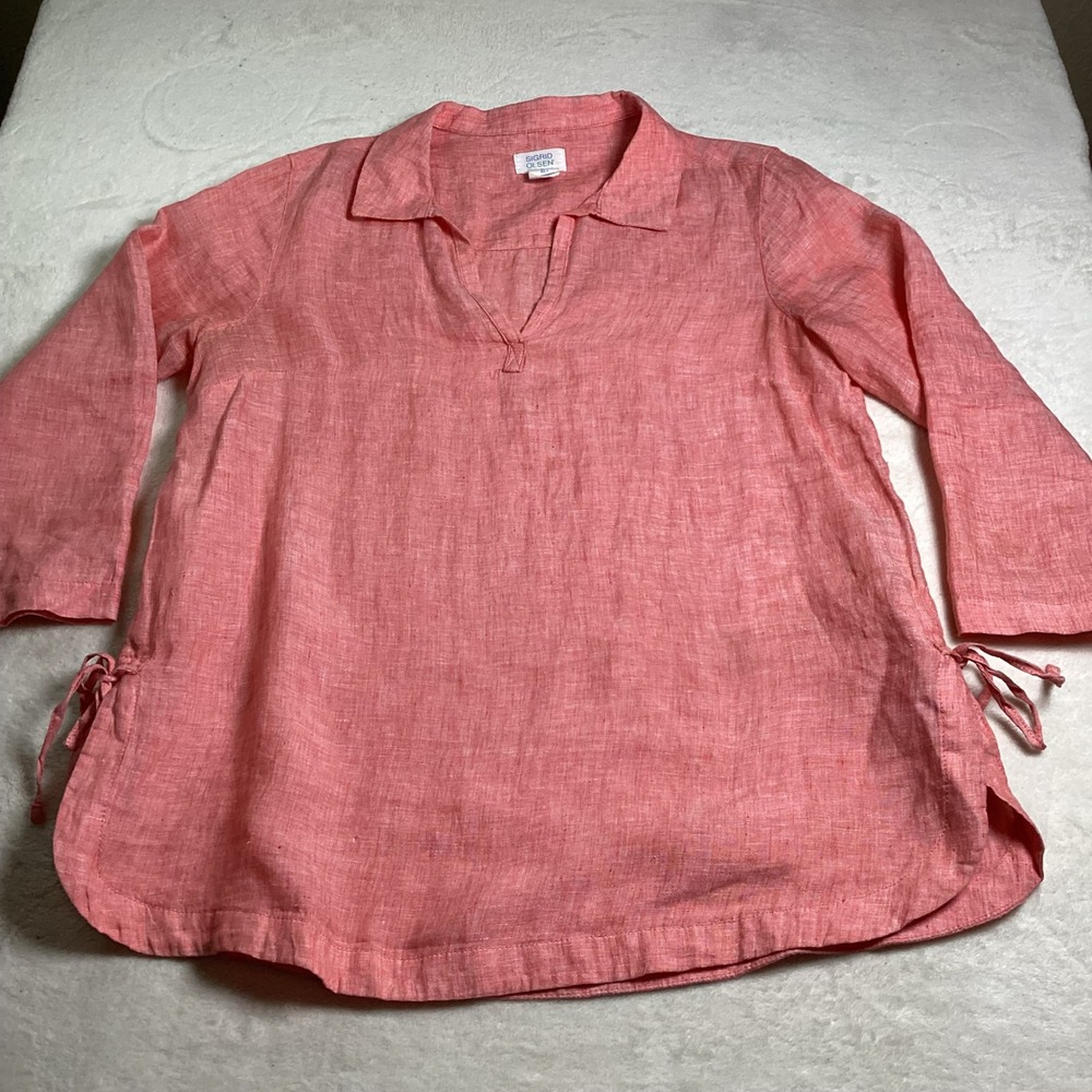 Sigrid Olsen Women's Coral Pink 100% Linen Split Neck Tunic Top, Side Ties Small - Picture 5 of 7